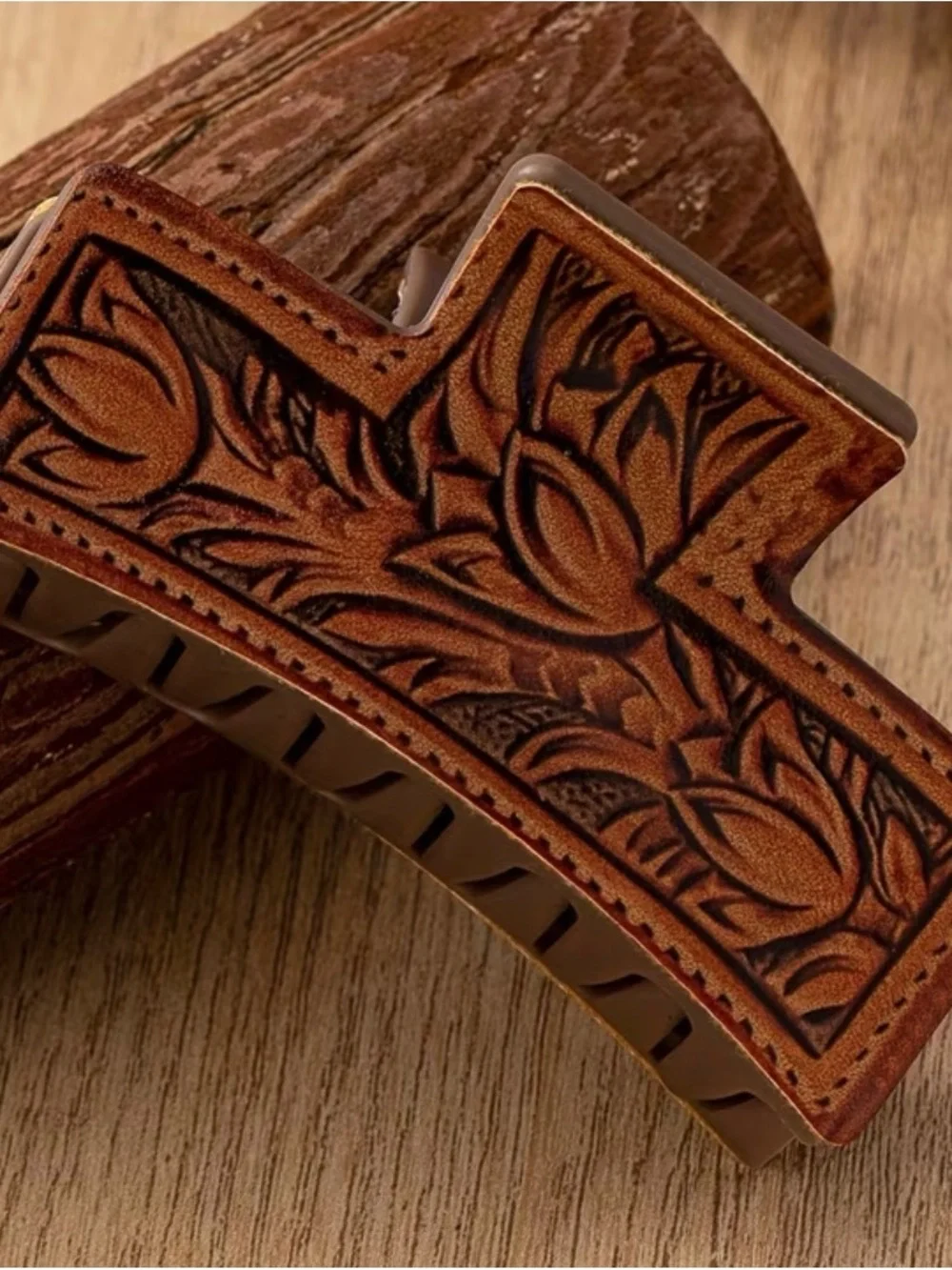 Brown Tooled Leather Men’s Hair Clip